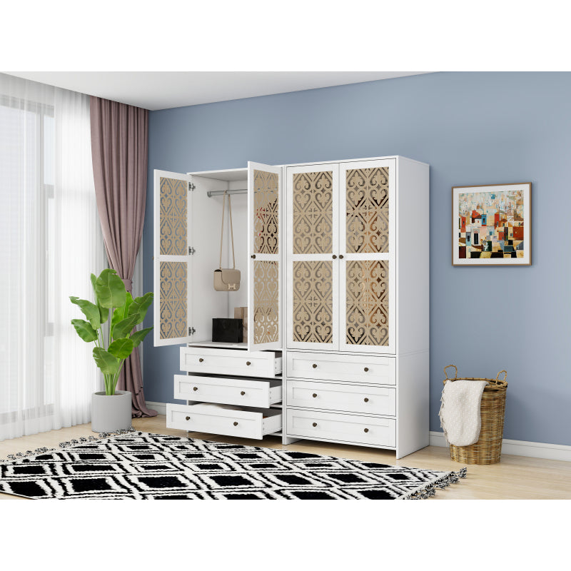 Weißer Aufbewahrungsschrank mit Schnitzmuster – Boho-Garderobenschrank mit Rattangeflecht, 3 Schubladen und Kleiderstange aus Aluminiumlegierung – ideal für Wohnzimmer, Schlafzimmer, Büro oder Arbeits