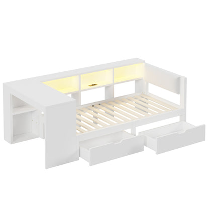 90x200 Holz-Plattformbett mit Ablageflächen, Schubladen, Ladestation und gepolstertem Kopfteil, Mit bunten LED-Leuchten, Weiß