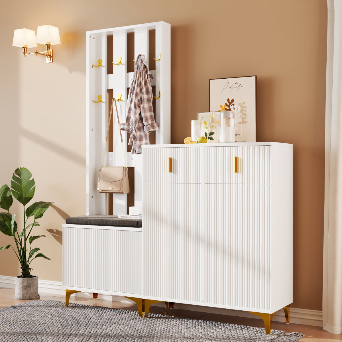 Garderoben-Set mit Schuhschrank & Sitzbank, Wellenfront, Push-to-Open, goldene Details, Weiß