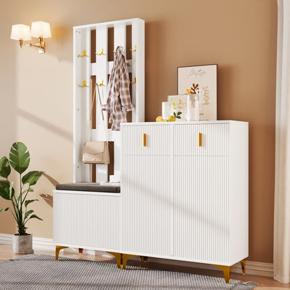 Garderoben-Set mit Schuhschrank & Sitzbank, Wellenfront, Push-to-Open, goldene Details, Weiß