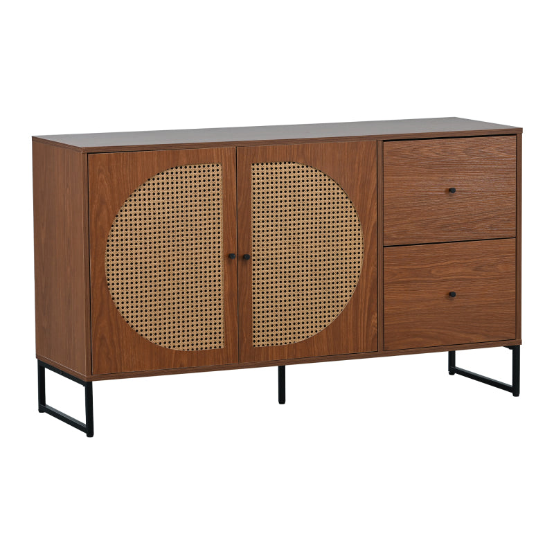 Sideboard mit 2 Rattan verzierten Türen und 2 Schubladen Kommode Küchenschrank, Mehrzweckschrank, Highboard mit Metallgriffe, für Schlafzimmer & Wohnräume & Büro