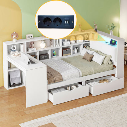 90x200 L-förmiges Holz-Plattformbett mit Schreibtisch und Bücherregal, Eck-Kapitänsbett mit gepolstertem Kopfteil, Schubladen unter dem Bett, LED-Licht - Weiß
