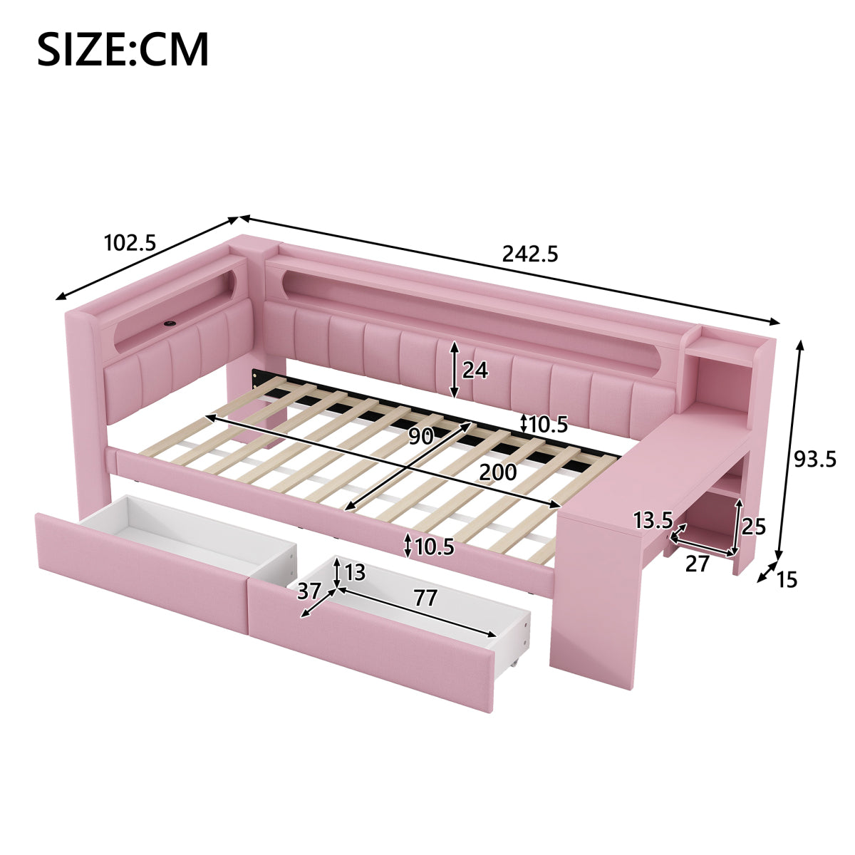 Daybed 90x200, Rosa, USB, LED-Beleuchtung, Schreibtisch & 2 Schubladen