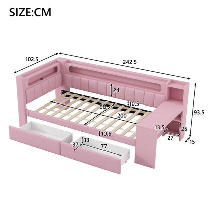 Daybed 90x200, Rosa, USB, LED-Beleuchtung, Schreibtisch & 2 Schubladen