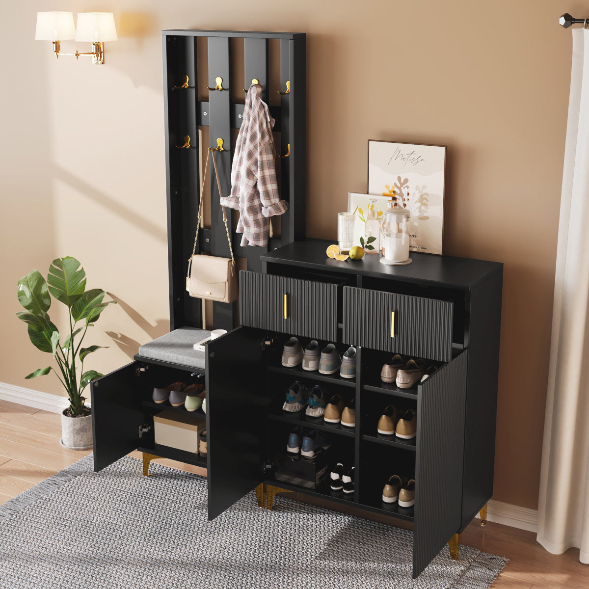 Garderoben-Set mit Schuhschrank & Sitzbank, Wellenfront, Push-to-Open, goldene Haken & Füße, Schwarz