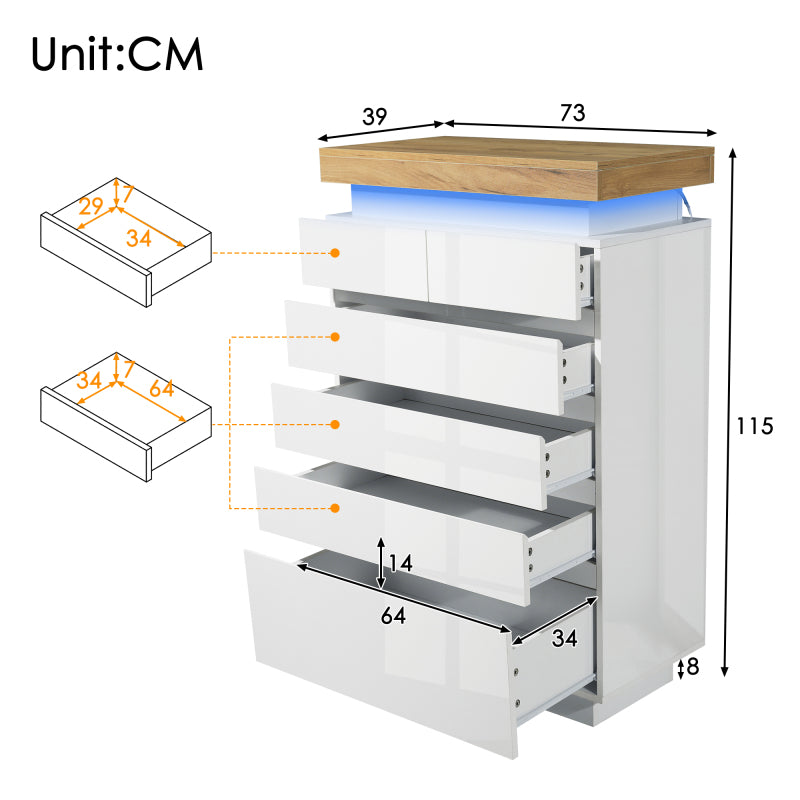 Kommode, Hochglanz Sideboard mit 6 Schubladen, LED Beleuchtung (App Control), Mehrzweckschrank für Wohnzimmer und Schlafzimmer, 115 x 73 x 39 cm, Weiß