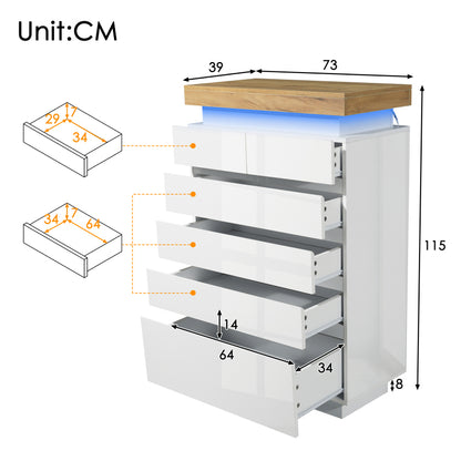 Kommode, Hochglanz Sideboard mit 6 Schubladen, LED Beleuchtung (App Control), Mehrzweckschrank für Wohnzimmer und Schlafzimmer, 115 x 73 x 39 cm, Weiß