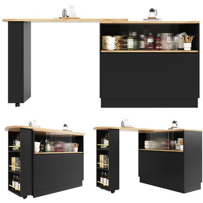 Kücheninsel mit 360° Rotation, Barschrank mit Glasschiebetür & Stauraum, Weiß & Holzoptik, multifunktionaler Küchentisch & Sideboard