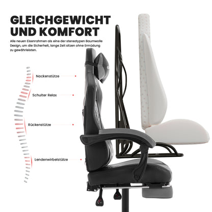 Gaming Stuhl, Ergonomischer Gaming-Stuhl mit Fußstütze, Racing Gaming Chair Kopfstütze Verstellbarer Computerstuhl Höhenverstellbar Lendenwirbelstütze für Homeoffice und Gaming Gray