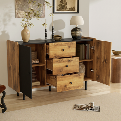 120 cm Schwarzer und Holzfarbener Sideboard - Moderner Stil, Zwei Türen und Drei Schubladen