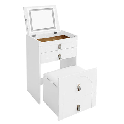 Schminktisch(Enthält Make-up-Hocker), Multifunktionaler Aufbewahrungshocker Nachttisch, mit Spiegel und LED-Beleuchtung, mit 3 Schubladen,Weiß
