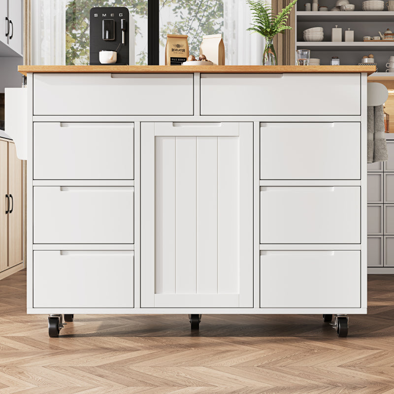 Moderne Kücheninsel, Küchenschrank, Ausziehbarer Küchenwagen mit Rollen und Arbeitsplatte, Servierwagen mit Gewürzregal und 8 Schubladen, weiß