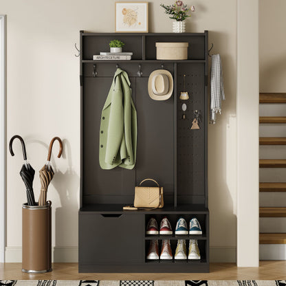 Garderobenset, Komplett-Set Flurgarderobe mit Sitzbank, 6 Haken, 1 Türen & 4 Offener Lagerraum, Schwarz