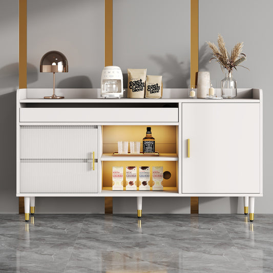 Sideboard mit Glasschiebetüren und LED-Beleuchtung – Freistehende Kommode aus Holz, Weiß