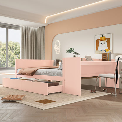 Flachbett, Holzbett, 140x200cm, mit Schreibtisch, ausgestattet mit 2 Schubladen, Doppelbett(Ohne Matratze), mit Regalen, Kiefer + Spanplatte, Rosa