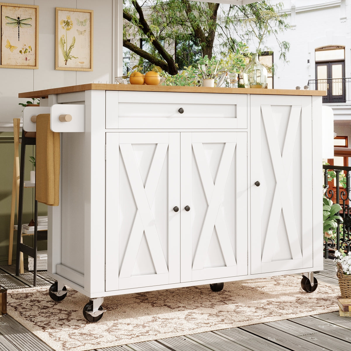 Kücheninsel mit Rollen & klappbarer Arbeitsplatte, Küchenwagen mit 3 Türen & Schublade, Sideboard inkl. Gewürzregal & Handtuchhalter, 99cm