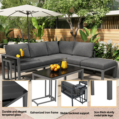 Garten Loungesessel Set, Eckloungesessel, Gartenmöbel für 4-5 Personen, mit Beistell- und Couchtisch, wetterfeste Loungemöbel, grau, 5er Set, inkl. aller Kissen(preview sku:HW24018AAS)