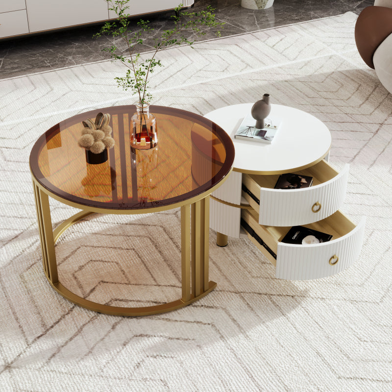 2-in-1 runder Couchtisch aus MDF, Beistelltisch mit 1 weißen Platte und 1 braunen Platte aus gehärtetem Glas, Couchtischkombination mit 2 Schubladen für das Wohnzimmer, 70*70*45 + 50*50*40 cm