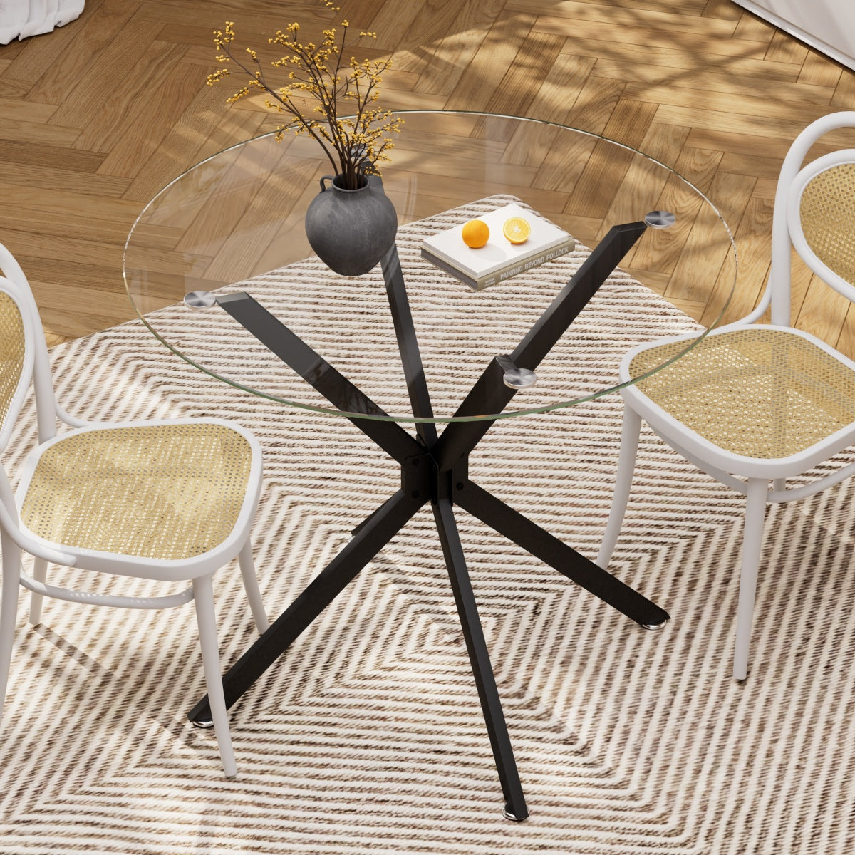 Esstisch Rund 90 cm Schwarz, Glastisch mit Gehärtetem Glas & Metallbeinen, Modernes Design