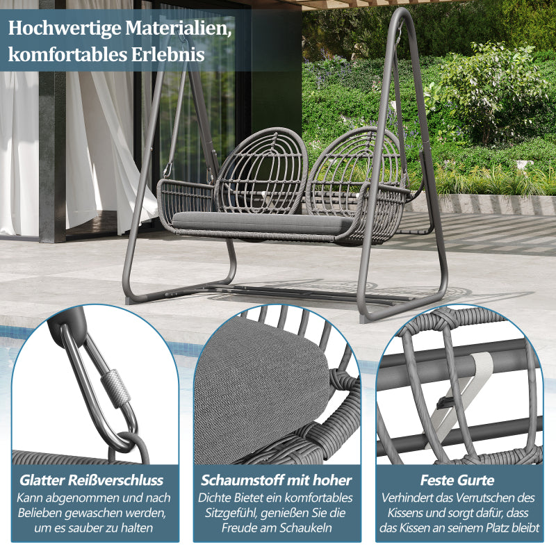 Gartenschaukel, Hollywoodschaukel mit Rückenlehne, Gartenmöbel-Set für den Außenbereich,Doppelschaukel aus PE-Rattan, 2 Sitze, Dunkelgrauer Sitzrahmen und Kissen