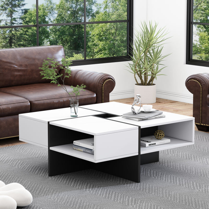 Moderner quadratischer Couchtisch 70x70x35cm – Schwarz-Weiß Design, 5 offene Fächer, mittleres Staufach 10x10cm, stabiler 30KG Tragkraft,Weißer quadratischer Couchtisch