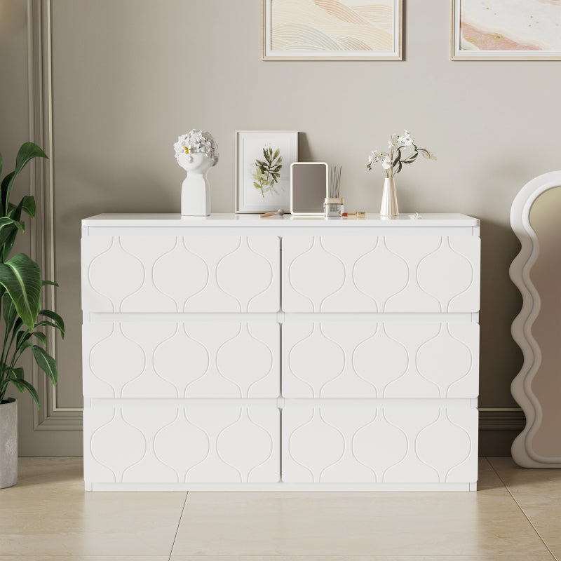 Kommode mit 6 Schubladen, Flurschrank, für Wohnzimmer, Bad und Schlafzimmer, Wellenmuster, lackiert, stoßfestes Eckdesign, 6 Fächer, 110 B x 40 T x 72 H, weiß