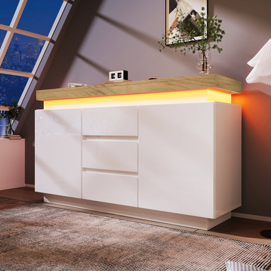 Kommode, Hochglanz Sideboard mit 2 Türen und 3 Schubladen, LED Beleuchtung (App Control), Mehrzweckschrank für Wohnzimmer und Schlafzimmer, 81 x 140 x 39 cm, Weiß
