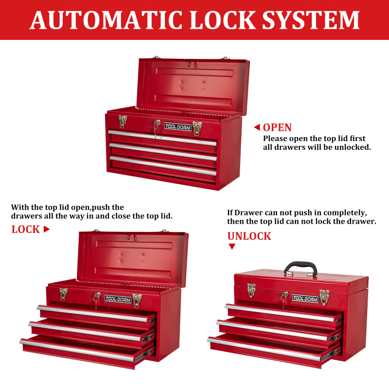 20,3 Zoll Metall-Werkzeugkasten mit Schubladen, tragbarer Werkzeugkasten aus Stahlmetall  (rot, 3 Schubladen)