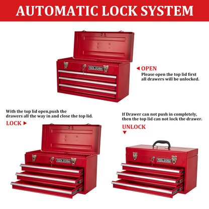 20,3 Zoll Metall-Werkzeugkasten mit Schubladen, tragbarer Werkzeugkasten aus Stahlmetall  (rot, 3 Schubladen)
