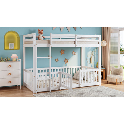 Etagenbett mit rechtwinkliger Treppe, Bett mit Zäune und Türchen, Kinderbett mit Fallschutz und Gitter, Massivholz, weiß (200x90cm)