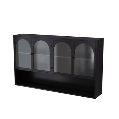 120CM Four-door Glass Wall Cabinet Storage, Wall-mounted,Suitable for Kitchen, Living Room, Bathroom(Black)