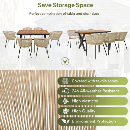 Garten-Essgruppe, 7-tlg, Garten-Lounge-Set aus Seil, 6 Sessel und 1 Tisch, Tisch aus Akazienholz, Mit Fußpolstern und sechs Sitzkissen, abnehmbar und waschbar