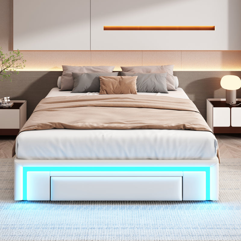 Bettgestell 140X200 mit Schubladen, PU-Leder Bett ohne Kopfteil Mit LED-Lichtleiste, MetalllattenPlattformbett für moderne Schlafzimmer Beige