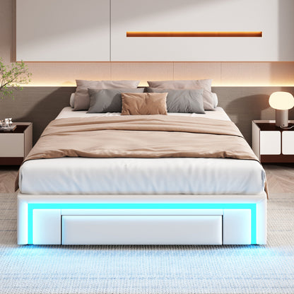 Bettgestell 140X200 mit Schubladen, PU-Leder Bett ohne Kopfteil Mit LED-Lichtleiste, MetalllattenPlattformbett für moderne Schlafzimmer Beige