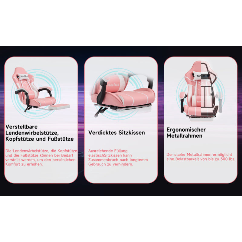 Gaming Stuhl Computerstuhl Ergonomischer Gaming Chair mit Fußstütze Bürostuhl Ergonomischer Computerstuhl mit Lendenwirbelstütze Pinkwhite