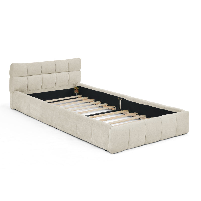 Einzelbett 90*200 cm, Kinderbett mit seidig weichem Chenille - Bezug, quadratischem Steppdesign, Beige (ohne Matratze)