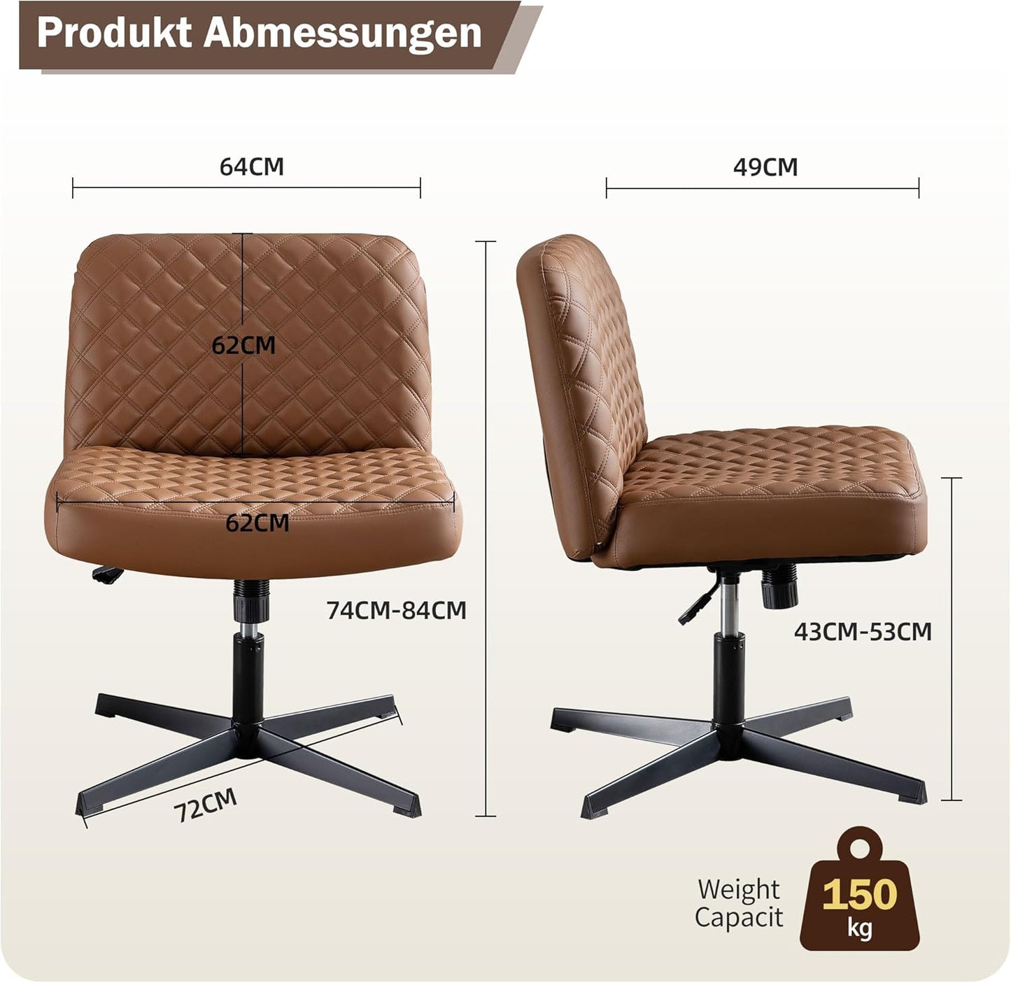 Bürostuhl Ohne Armlehnen,Home Office Stuhl Keine Räder,Heavy Duty Metallbasis,120°Schaukelnder breiter Sitz Ergonomischer Stuhl, Dicken gepolsterte Dreh Eitelkeit Stuhl für Heim und Büro Brown+PU+Metal