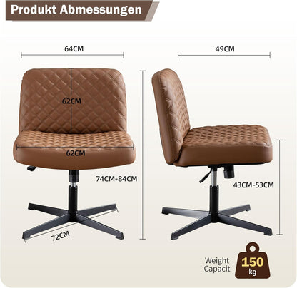 Bürostuhl Ohne Armlehnen,Home Office Stuhl Keine Räder,Heavy Duty Metallbasis,120°Schaukelnder breiter Sitz Ergonomischer Stuhl, Dicken gepolsterte Dreh Eitelkeit Stuhl für Heim und Büro Brown+PU+Metal
