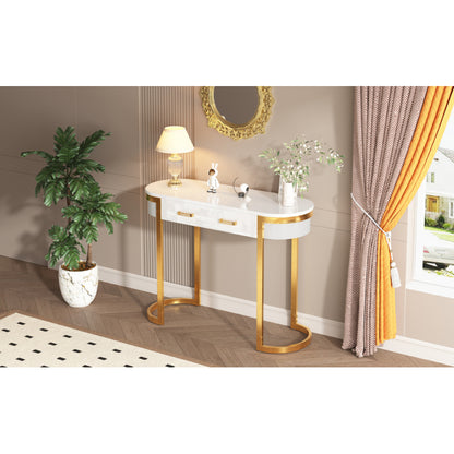 100 x 40 x 76 cm, Moderner und schlichter weißer Hochglanz-Sofa-Beistelltisch, Wohnzimmer-Konsolentisch,  Schreibtisch mit 2 Schubladen, geeignet für Wohnzimmer, Schlafzimmer, Büro, Flur