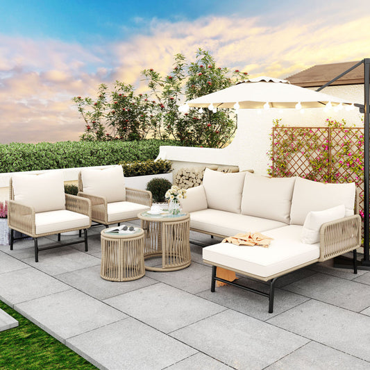 Gartenlounge-Set, Gartenmöbel-Set, Mit Eisenrahmen und beigem Seil, Gartenmöbel aus gewebtem Seil für den Außenbereich, Beige, Zwei Sessel, zwei 2-Sitzer-Sofas und zwei Tische (alle Kissen inklusive)