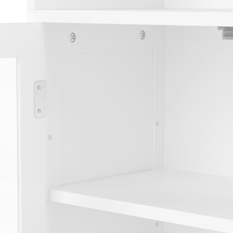 57.5 x 28.5 x 160cm Badezimmer-Hochschrank mit Stauraum, feuchtigkeitsbeständige Farbe, Glasschranktür, Holzschranktür, zwei offene Ablagefächer, verstellbare Trennwände, einfache Textur, weiß