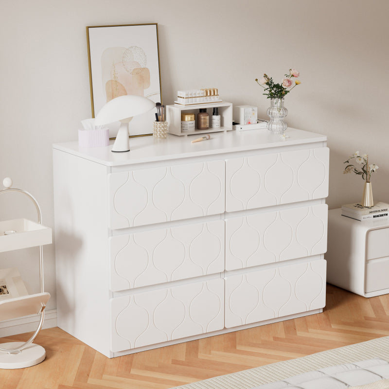 Kommode mit 6 Schubladen, Flurschrank, für Wohnzimmer, Bad und Schlafzimmer, Wellenmuster, lackiert, stoßfestes Eckdesign, 6 Fächer, 110 B x 40 T x 72 H, weiß