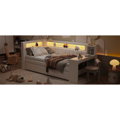 Gepolstertes 90x200 Tagesbett mit USB-Anschlüssen und LED-Gürtel, mit Ausziehbett und Schreibtisch, Weiß