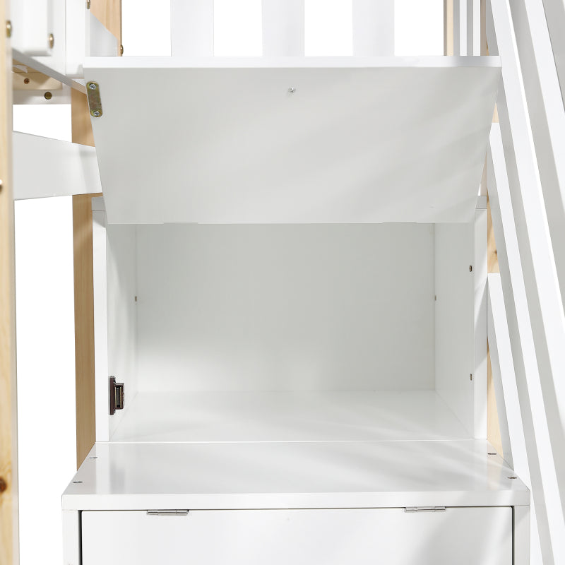 Etagenbett, Ausziehbares Baumhausbett, Schiebebett, Treppe mit 3 Schubladen, Kinderbett mit Absturzsicherung und Kinderbettgitter, mit Lattenroste, Natur+Weiß (90x200cm&90x190cm) [30813567NAA]