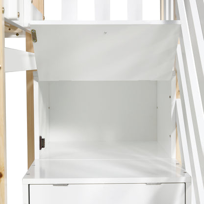 Etagenbett, Ausziehbares Baumhausbett, Schiebebett, Treppe mit 3 Schubladen, Kinderbett mit Absturzsicherung und Kinderbettgitter, mit Lattenroste, Natur+Weiß (90x200cm&90x190cm) [30813567NAA]