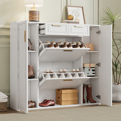 Moderne Schuhschrank, mit verstellbaren Regalen, goldenen Griffen, 2 Schubladen, Klappschuhschrank und 2 Türen, weiß