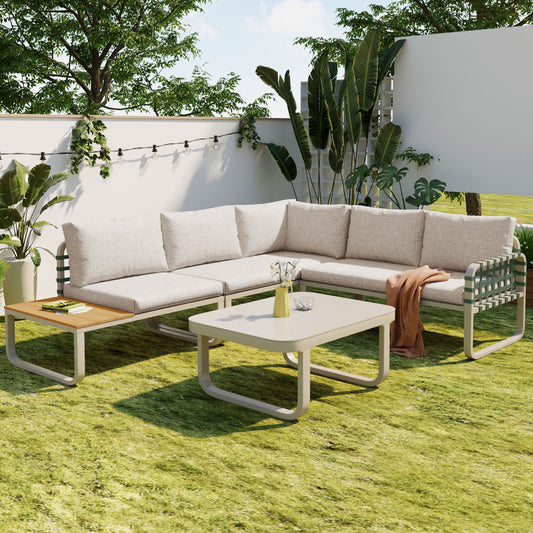 Garten Lounge Set (4-5 Sitzer), Grünes Leder Rattan Gartenmöbel Set, Modernes Outdoor Sofa Set inkl. aller Sitz- und Rückenkissen, Balkonset, Garten und Terrasse, Aprikose