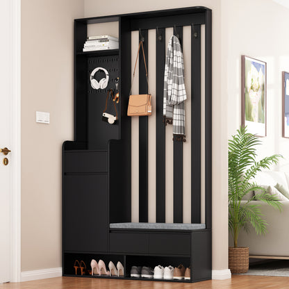 Flurgarderobe mit gepolsterter Aufbewahrungsbank, multifunktionaler Flur-Schuhschrank mit Stecktafel, moderne Garderobe mit 4 Haken für Eingangsbereich, Waschküche, Schwarz,H180/B100/T35 cm
