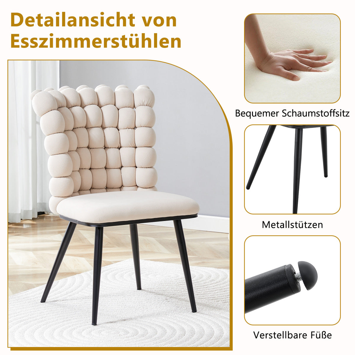 Esszimmerstuhl 2er Set Samt, Schwarz-Metallbeine, Modern Luxus, Cremeweiß