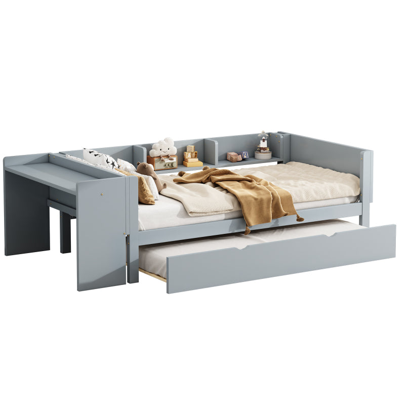 90*200cm, Flachbett, mit ausziehbarem Bett, mit Schreibtisch, drei Regale an der Seite des Bettes,grau